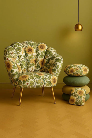Sunflower upholstery fabric used on armchair with cushions